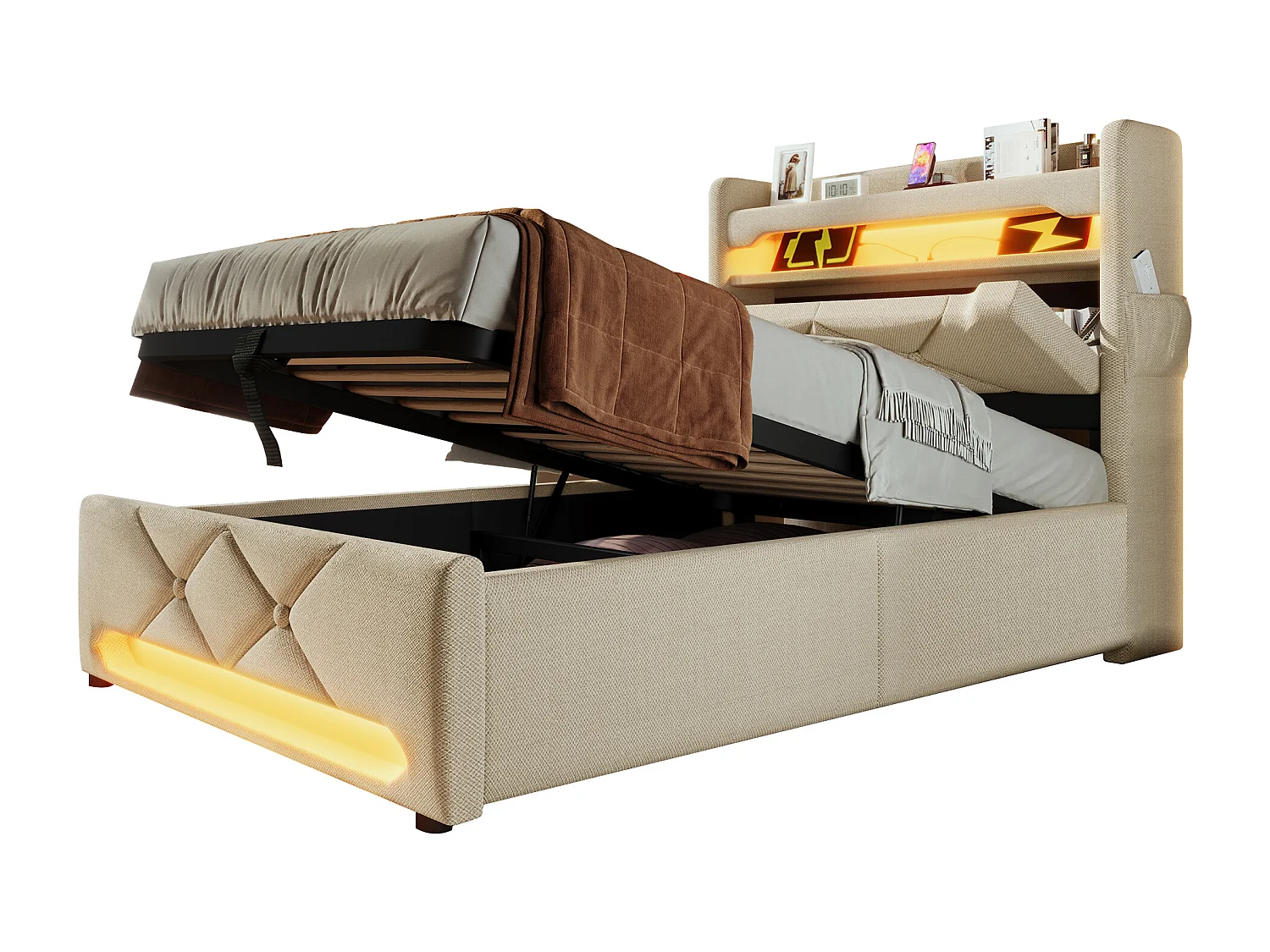 Lit simple 90×200 cm en lin beige avec tête de lit de rangement et ports USB