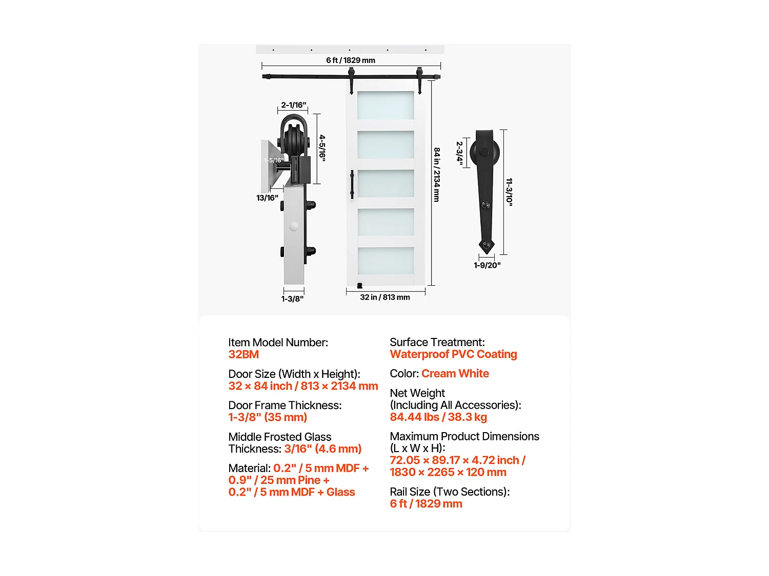 Schuur Schuifdeur SucceBuy, 81.3 x 213.4 cm, van MDF Paneel, Schuifdeurset met Beslagset, Waterdicht PVC Oppervlak