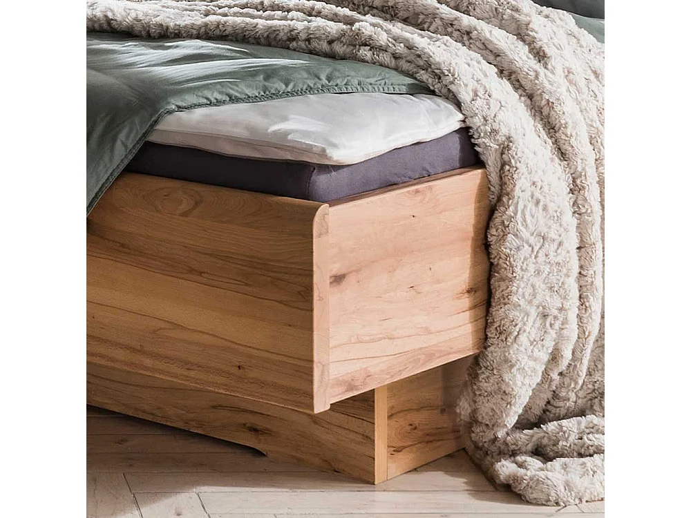 Großes Bett aus Kernbuche Massivholz Kunstleder in Beige (dreiteilig)