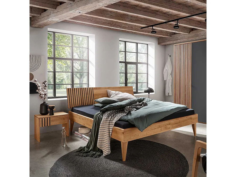 Doppelbett Wildeiche massiv geölt in modernem Design 93 cm Kopfteil