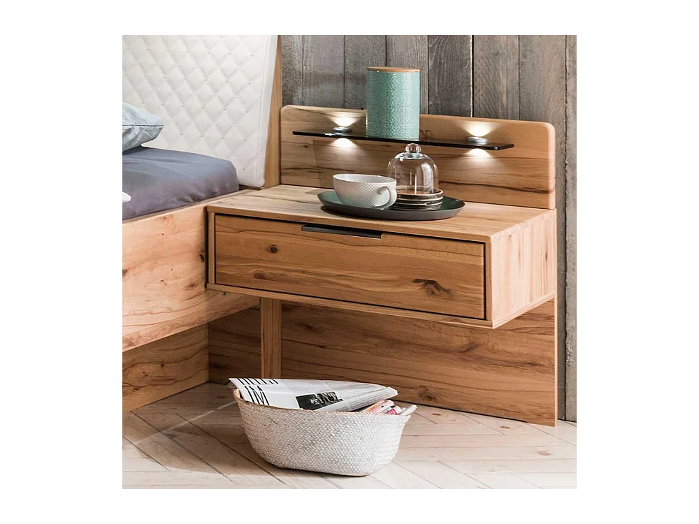 Großes Bett aus Kernbuche Massivholz Kunstleder in Beige (dreiteilig)