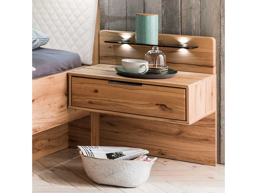 Großes Bett aus Kernbuche Massivholz Kunstleder in Beige (dreiteilig)