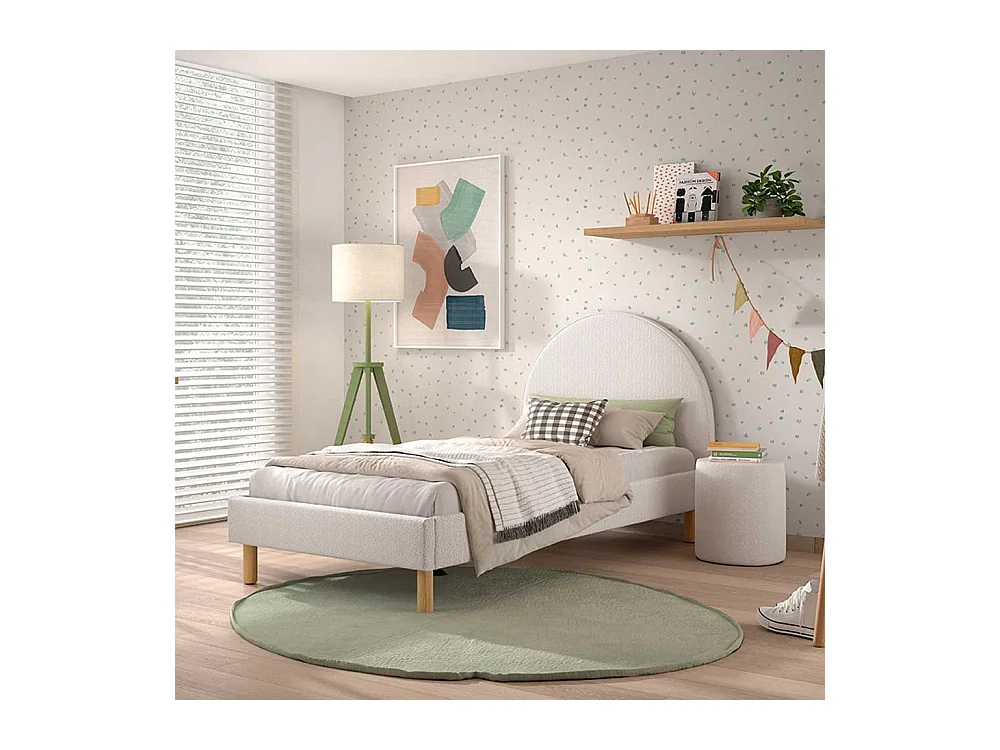 Weißes Polsterbett im Skandi Design Boucle Stoff