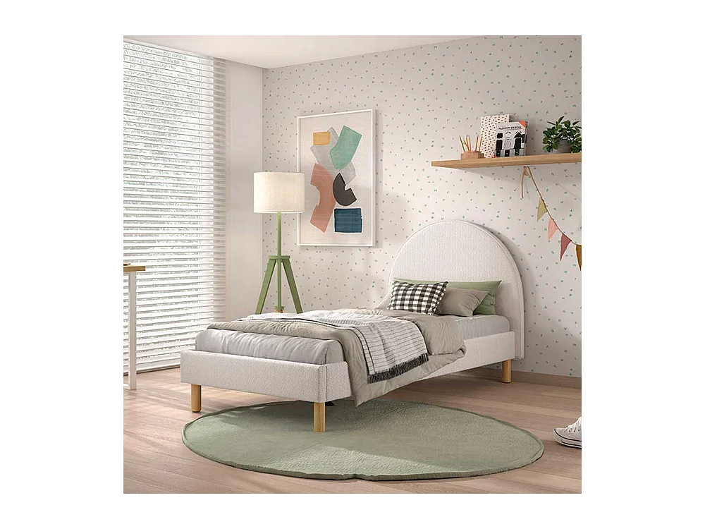 Weißes Polsterbett im Skandi Design Boucle Stoff