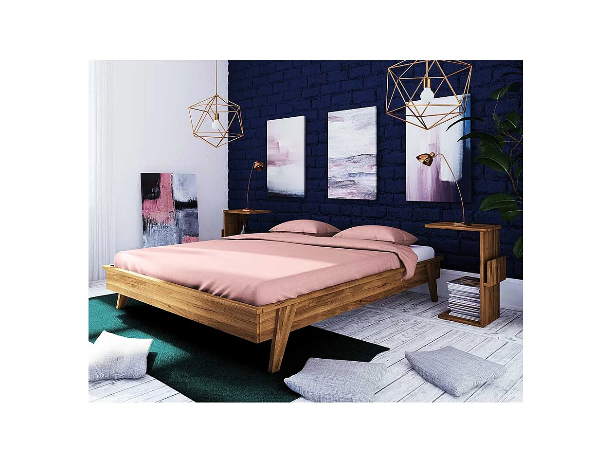 Retro Bett aus Wildeiche Massivholz Kopfteil (dreiteilig)