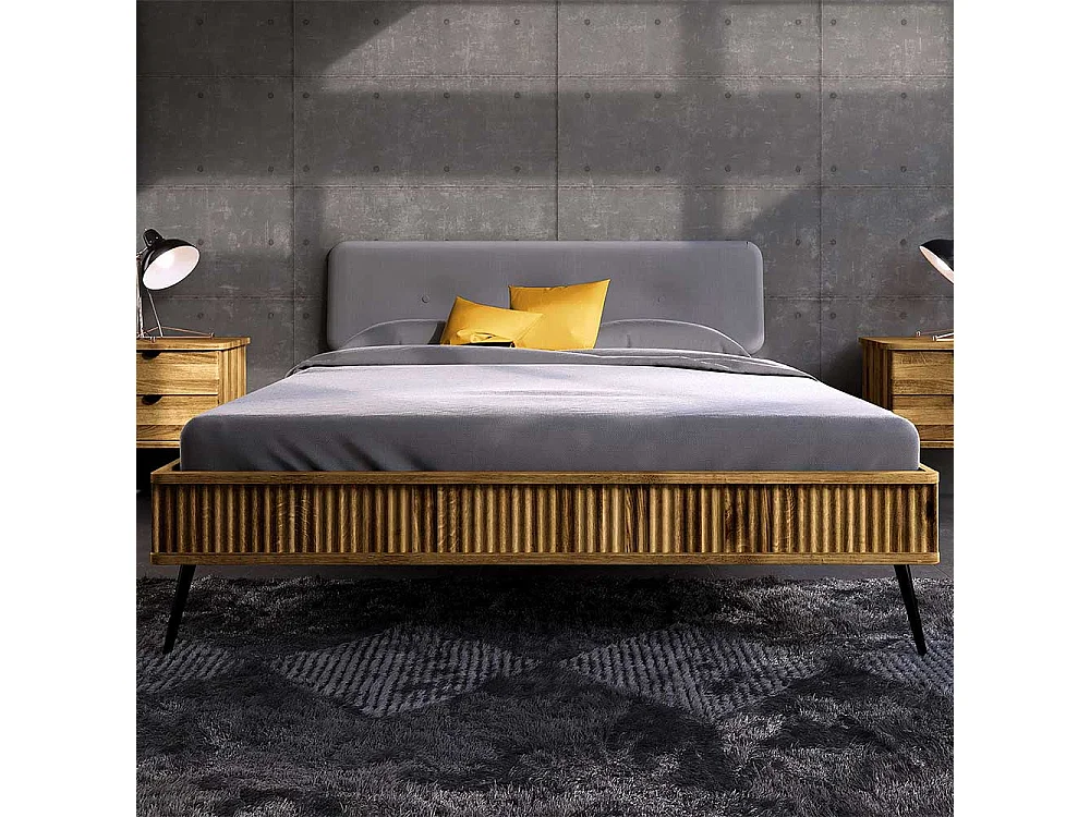 Bett Wildeiche mit Polsterkopfteil in modernem Design 41 cm Einstiegshöhe