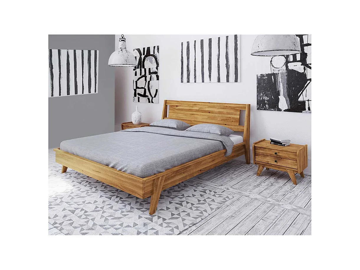 Massivholzbett aus Wildeiche Massivholz zwei Nachtkommoden (dreiteilig)