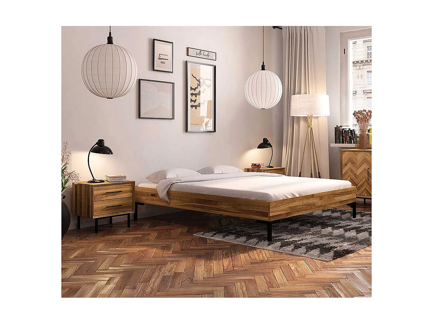 Bett ohne Kopfteil aus Wildeiche Massivholz Vierfußgestell aus Metall