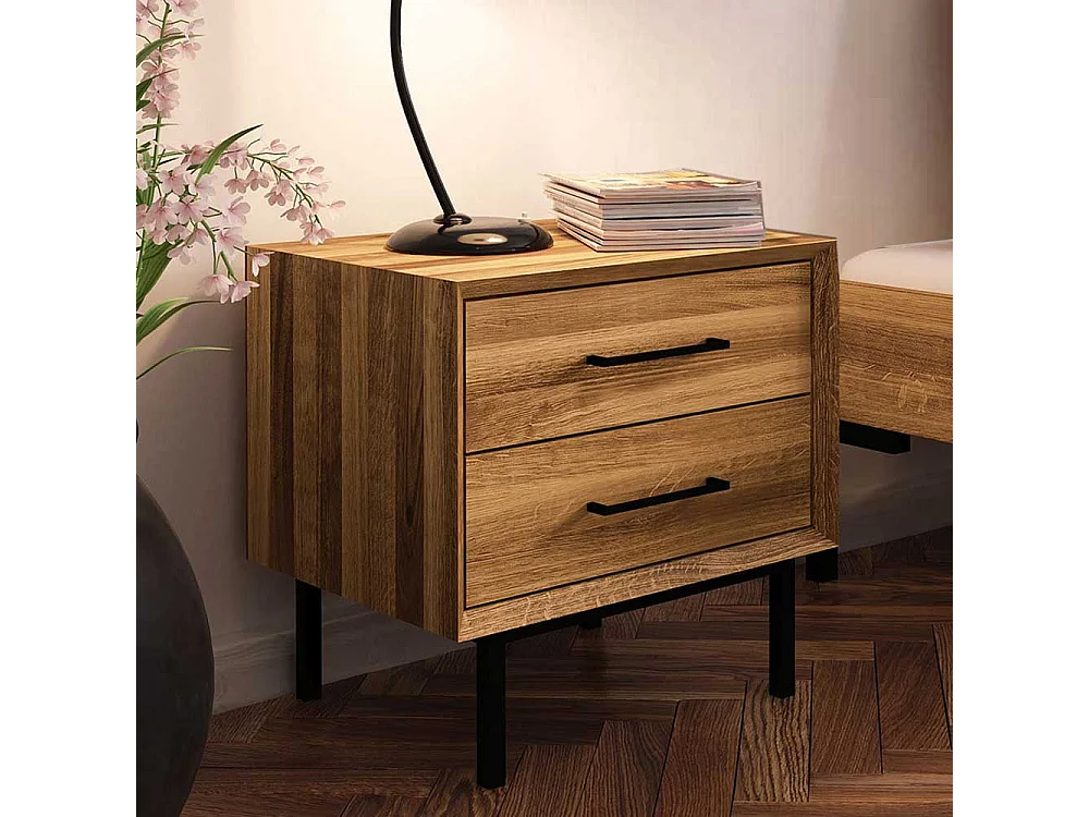 Bett ohne Kopfteil aus Wildeiche Massivholz Vierfußgestell aus Metall