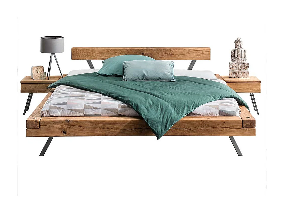 Balken Massivholzbett aus Wildeiche geölt Nachtkommoden (dreiteilig)