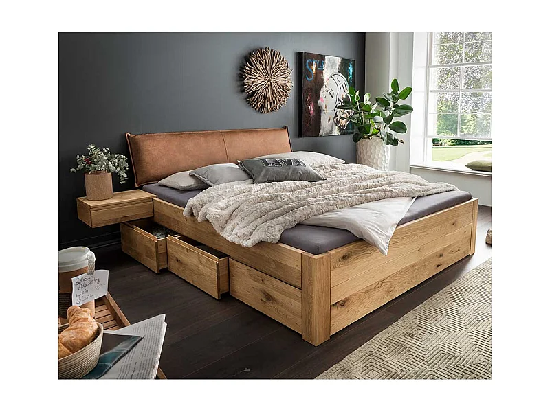 Massivbett Wildeiche inklusive zwei Nachtkommoden Polster Kopfteil (dreiteilig)