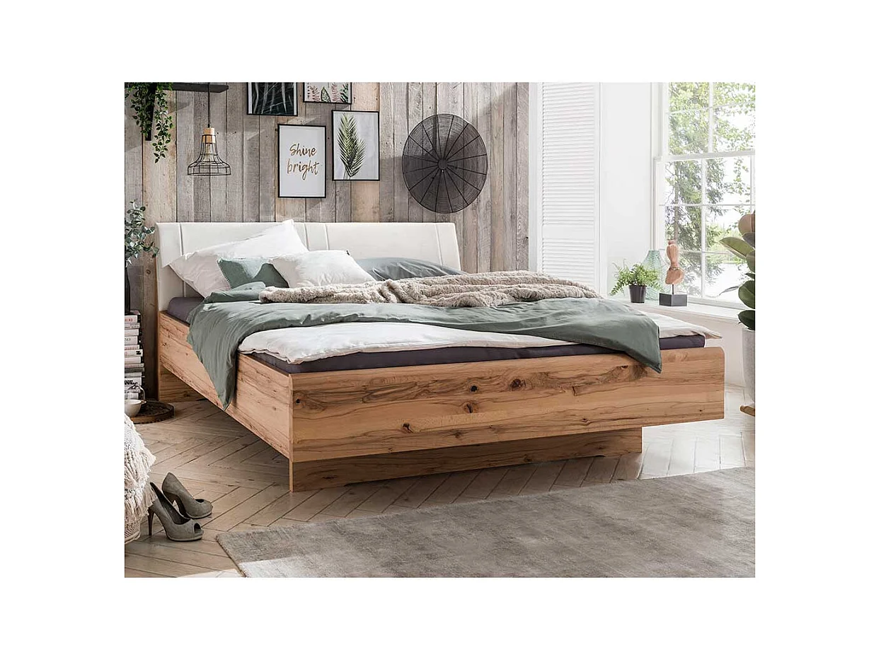 Großes Bett aus Kernbuche Massivholz Kunstleder in Beige