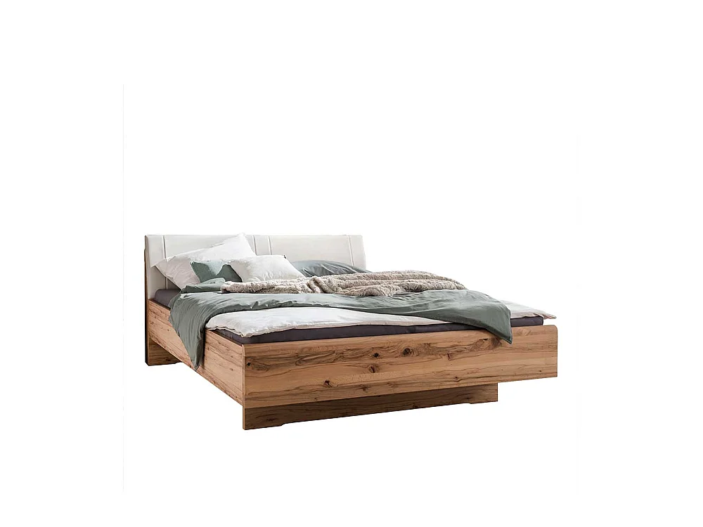 Großes Bett aus Kernbuche Massivholz Kunstleder in Beige