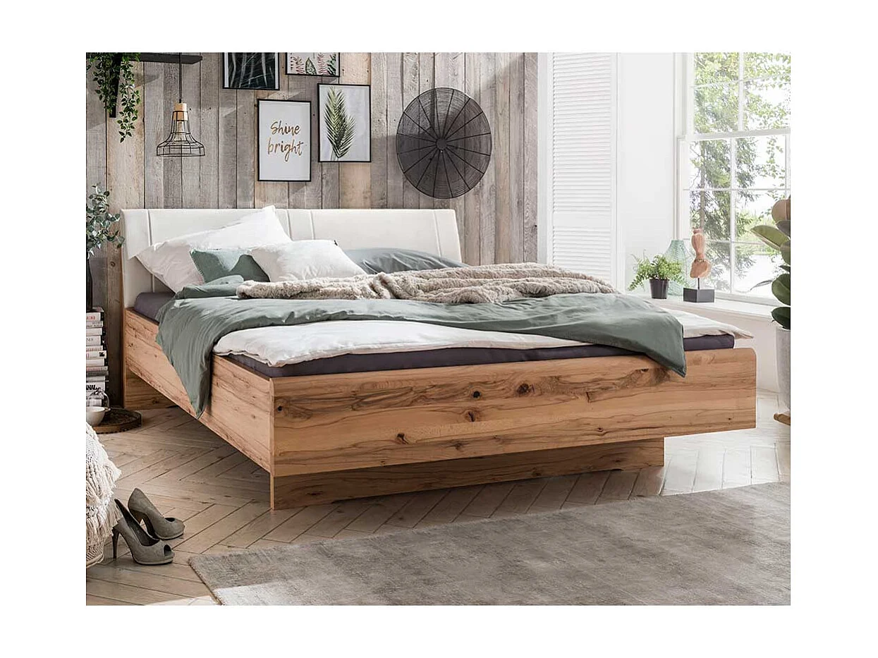 Großes Bett aus Kernbuche Massivholz Kunstleder in Beige