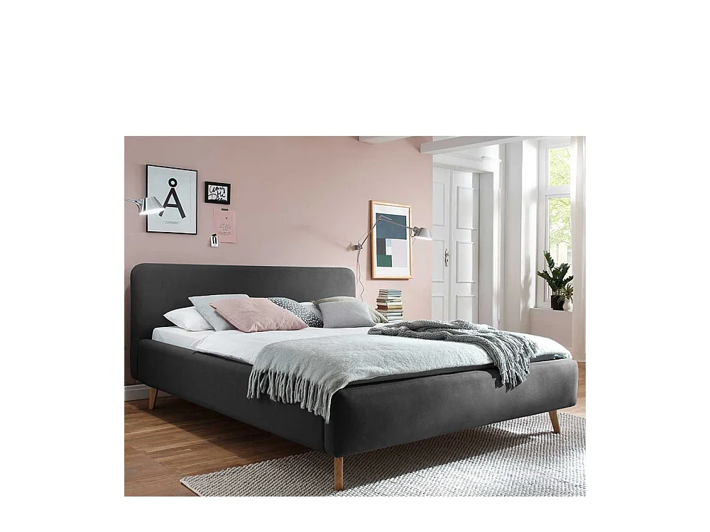 Polsterbettgestell in Anthrazit Webstoff 4-Fuß Gestell aus Massivholz