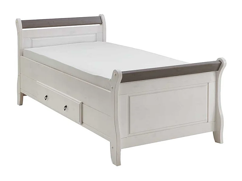 Landhaus Echtholzbett in Weiß und Grau Kiefer Massivholz