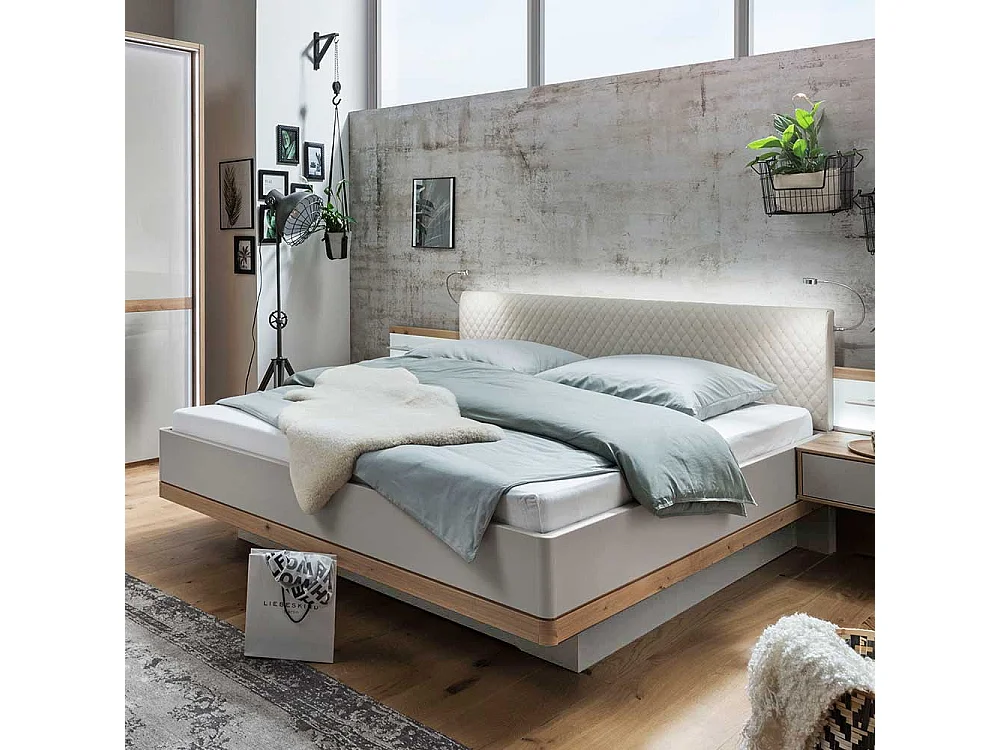 Ehebett in Beige und Eiche Bianco LED Beleuchtung