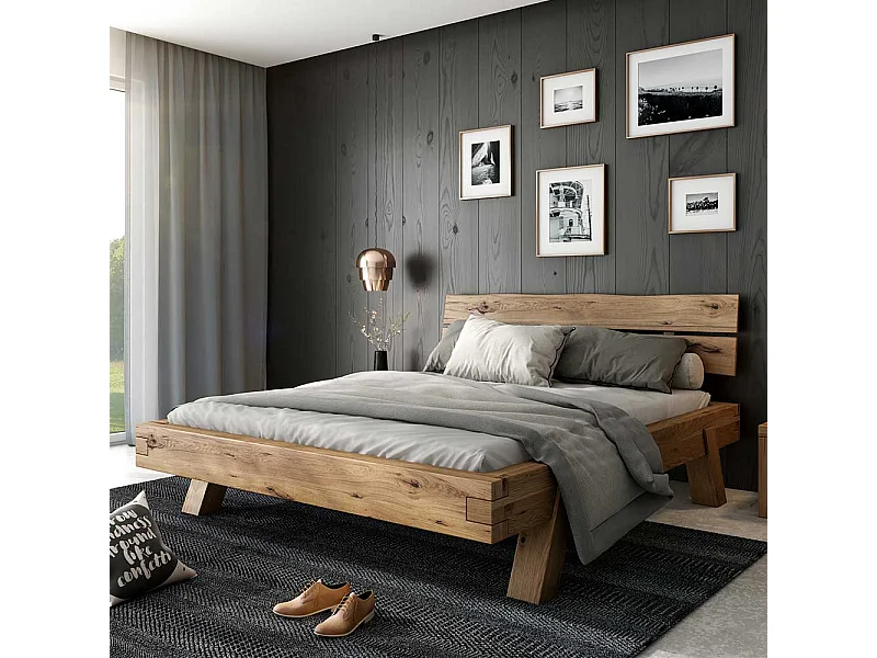 Balken Doppelbett aus Asteiche Massivholz 38 cm Einstiegshöhe