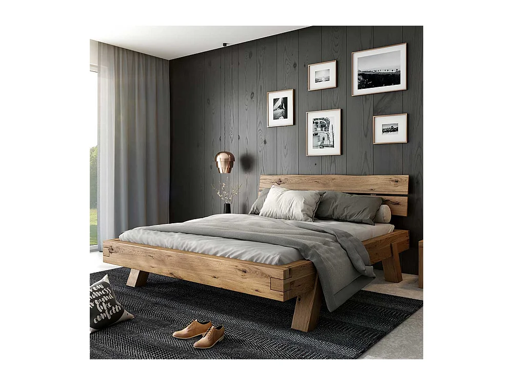 Balken Doppelbett aus Asteiche Massivholz 38 cm Einstiegshöhe