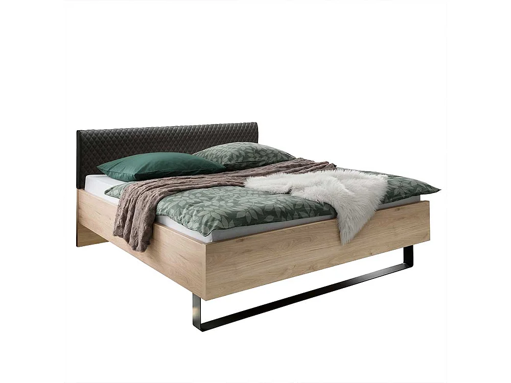 Bettrahmen in Eiche Optik Polsterkopfteil in Dunkelgrau