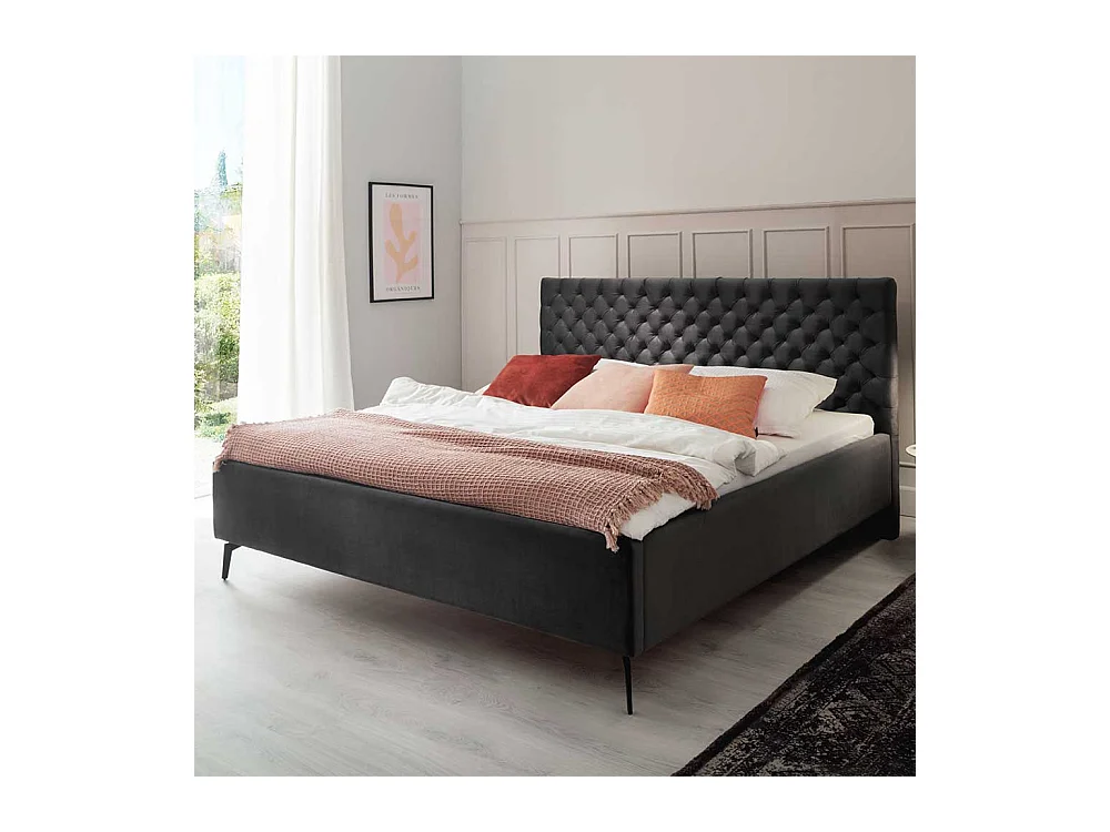Polster Doppelbett Dunkelgrau aus Samt und Metall modernem Design