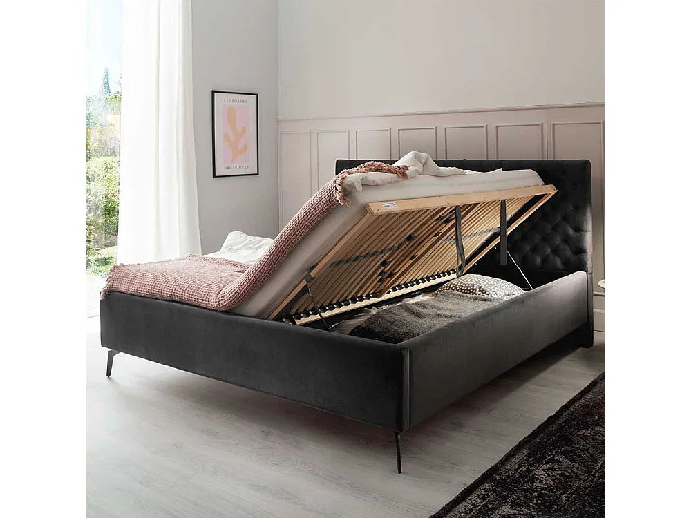 Polster Doppelbett Dunkelgrau aus Samt und Metall modernem Design