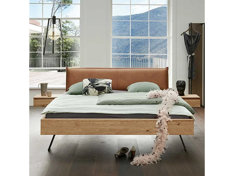 Bett mit Konsolen und Polster in Braun Wildeiche Massivholz & Metall (dreiteilig)