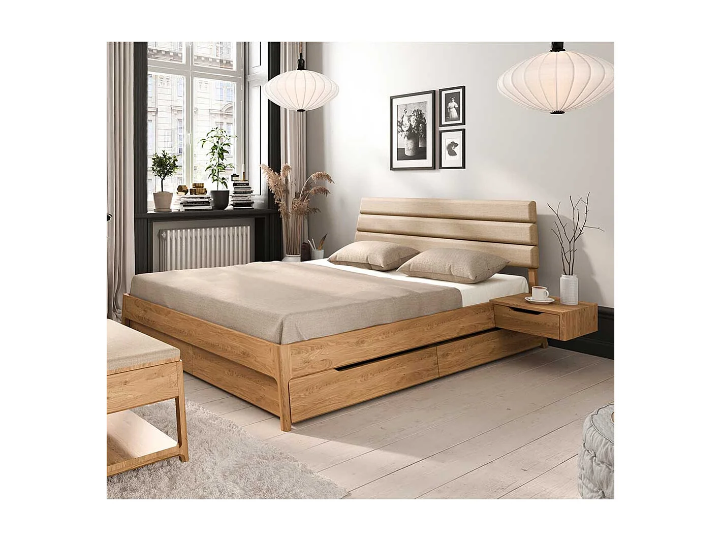 Bett aus Wildeiche Massivholz Webstoff (dreiteilig)