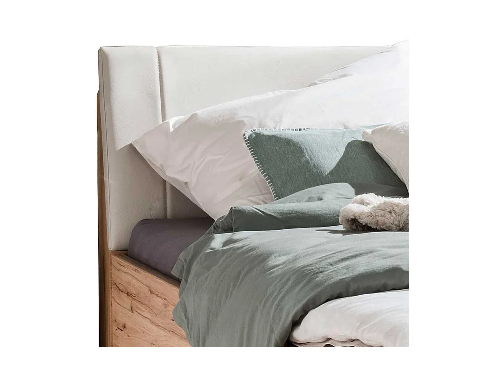 Großes Bett aus Kernbuche Massivholz Kunstleder in Beige