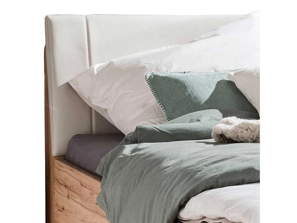 Großes Bett aus Kernbuche Massivholz Kunstleder in Beige