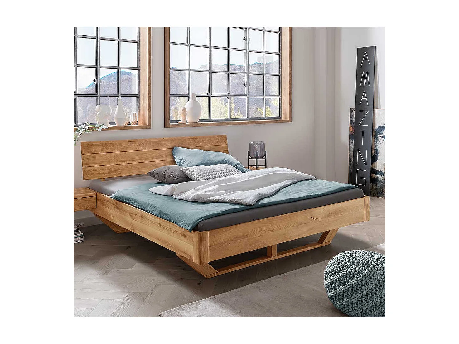 Wildeiche Massivholz Bett 43 cm Einstiegshöhe Holz Kufen