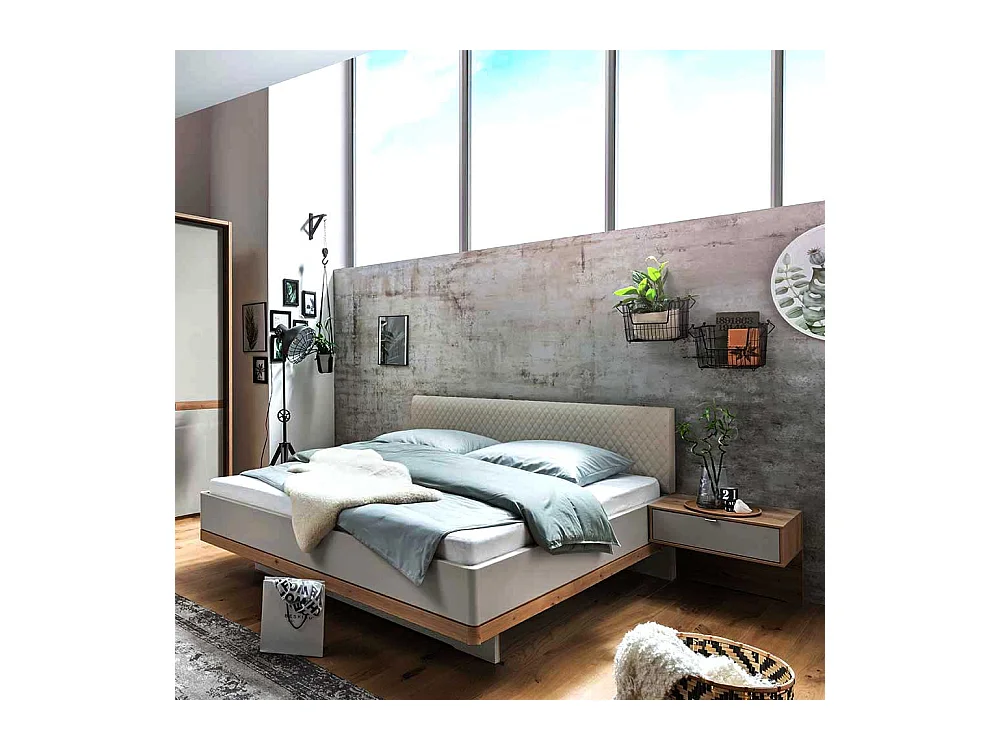 Modernes Komfortbett in Beige und Eiche Bianco Nachtkonsolen (dreiteilig)