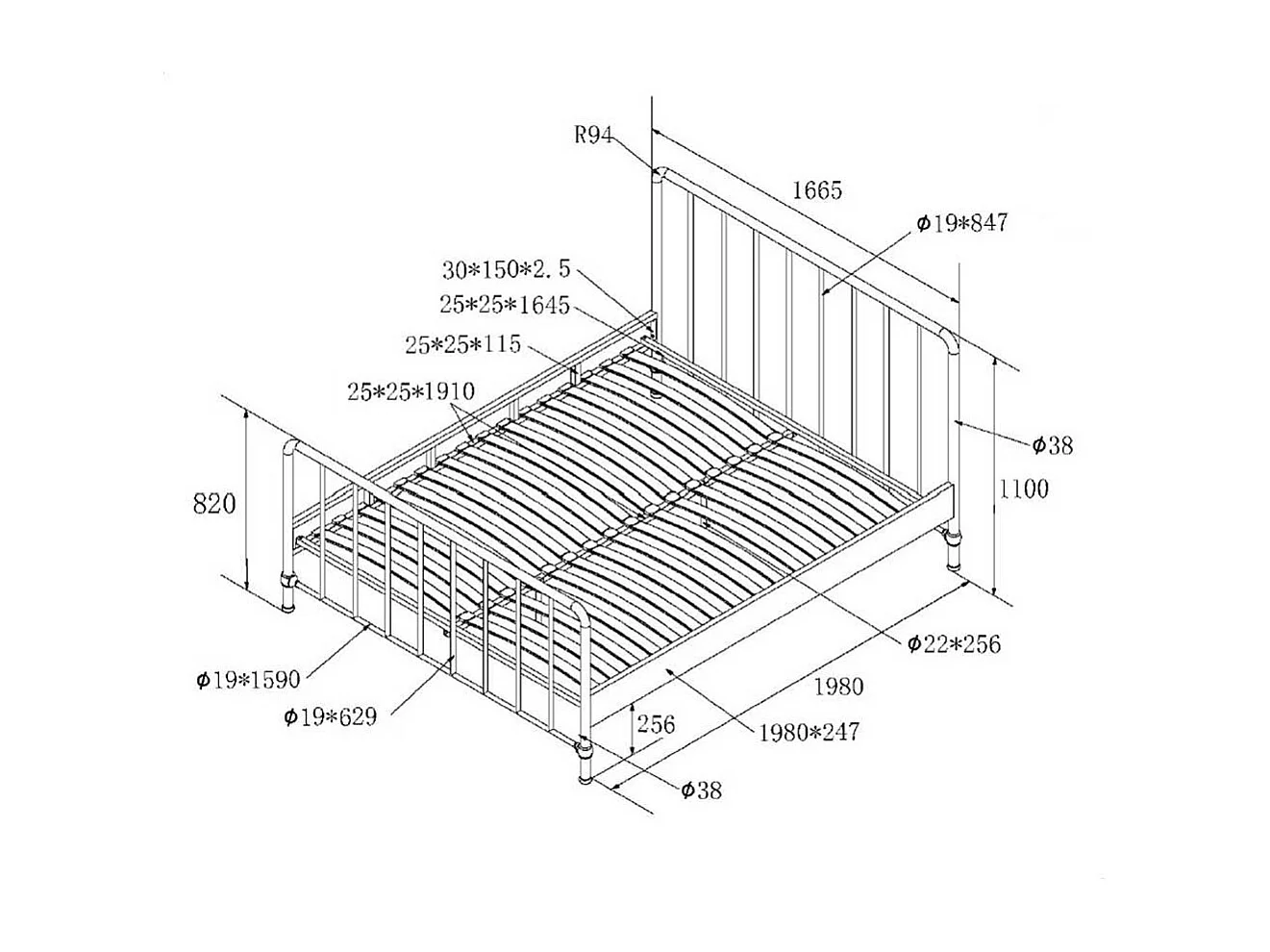 Metallbettgestell in Weiß pulverbeschichtet