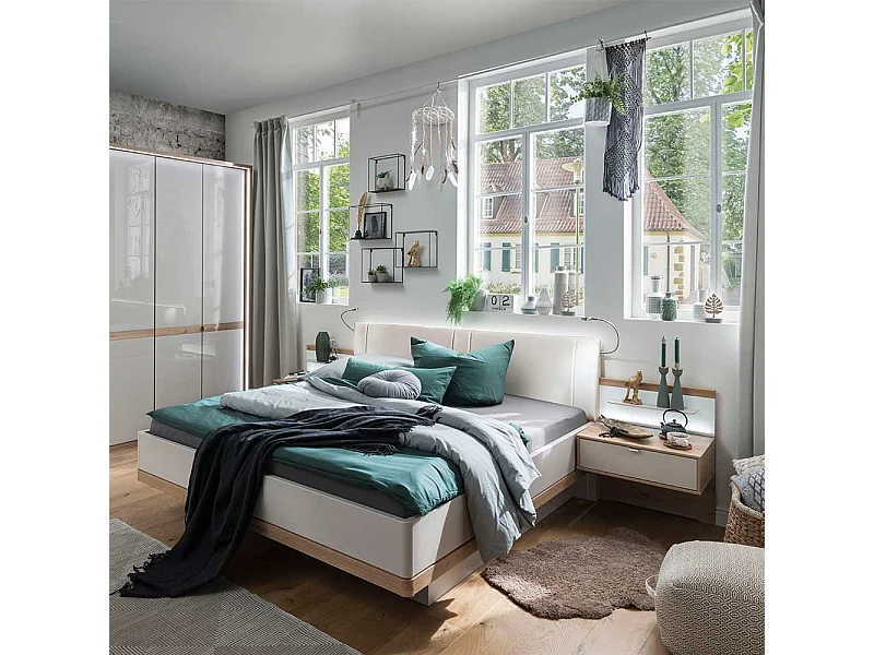 Doppelbett und Nachttische in Beige und Eiche Bianco LED Beleuchtung (dreiteilig)