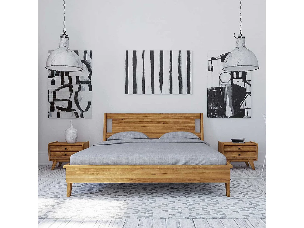 Massivholzbett aus Wildeiche Massivholz zwei Nachtkommoden (dreiteilig)