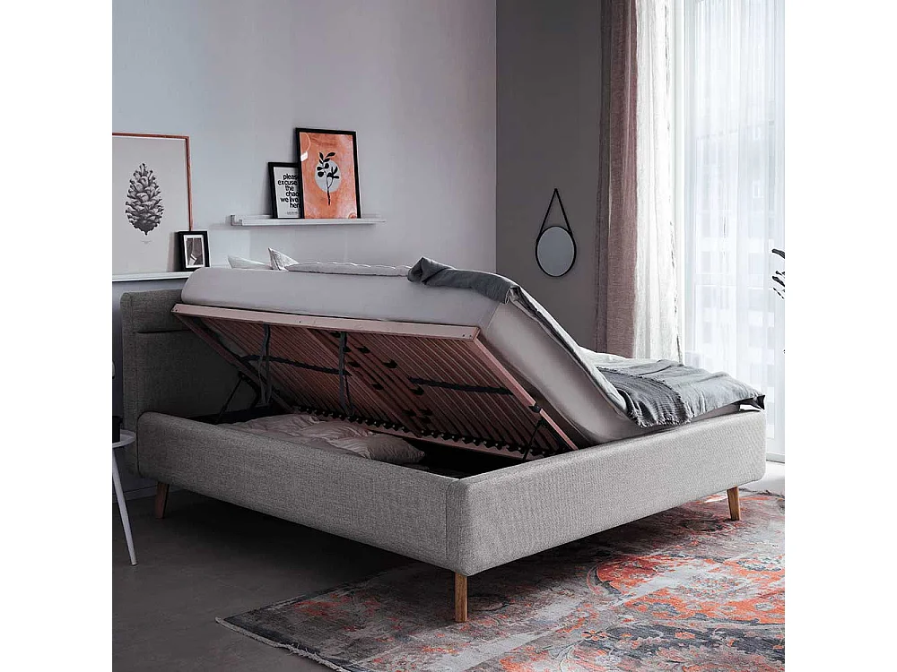 Polsterbett Grau Stoff mit Bettkasten Vierfußgestell aus Eiche