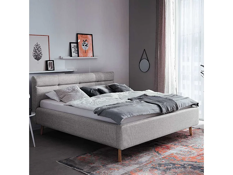 Polsterbett Grau Stoff mit Bettkasten Vierfußgestell aus Eiche