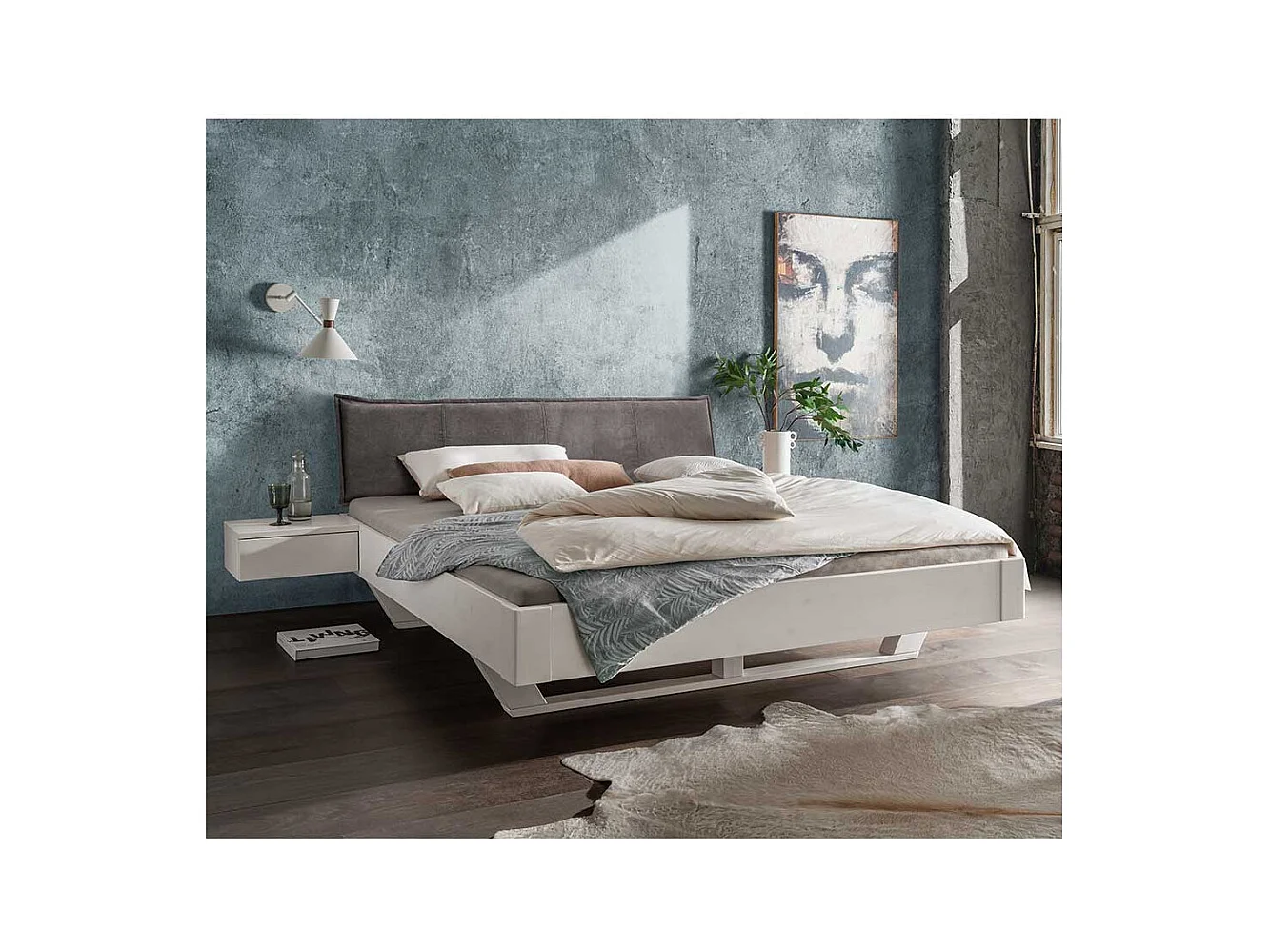 Doppel Bett Bett mit Polsterkopfteil in Weiß und Anthrazit