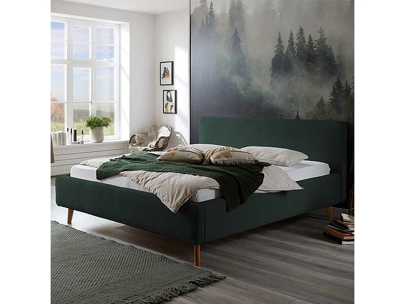 Dunkelgrünes Polsterbett mit Cordbezug Vierfußgestell aus Holz