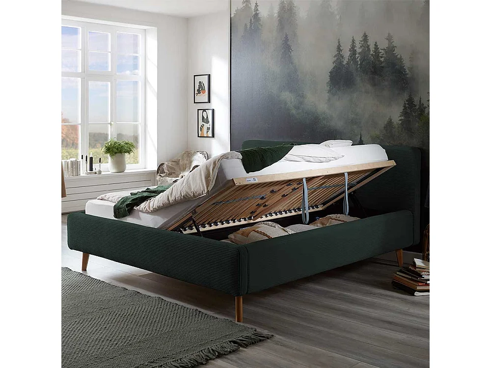 Dunkelgrünes Polsterbett mit Cordbezug Vierfußgestell aus Holz