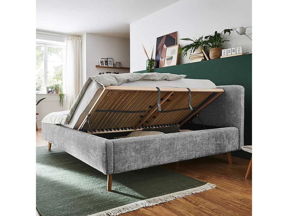 Polsterbettgestell grau mit hochklappbaren Lattenrosten 105 cm hoch
