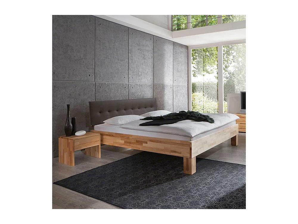 Doppelbett mit Polster in Dunkelbraun Kernbuche Massivholz (dreiteilig)