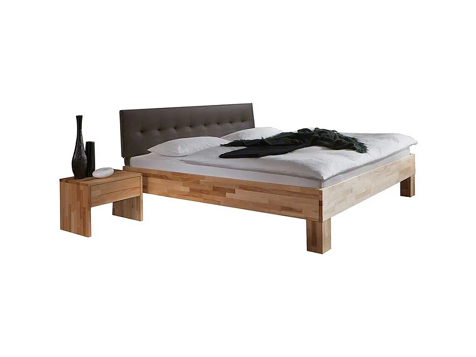 Doppelbett mit Polster in Dunkelbraun Kernbuche Massivholz (dreiteilig)