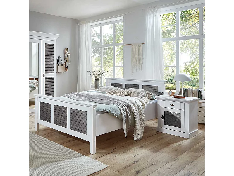 Zweifarbiges Landhaus Bett in Kiefer Grau & Weiß 94 cm Kopfteil