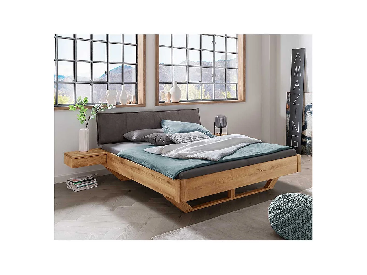 Wildeiche Bett mit Polsterkopfteil in Anthrazit 43 cm Einstiegshöhe