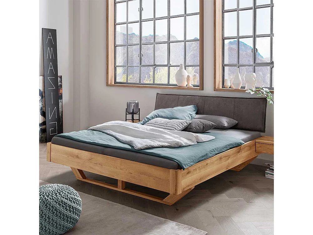 Wildeiche Bett mit Polsterkopfteil in Anthrazit 43 cm Einstiegshöhe