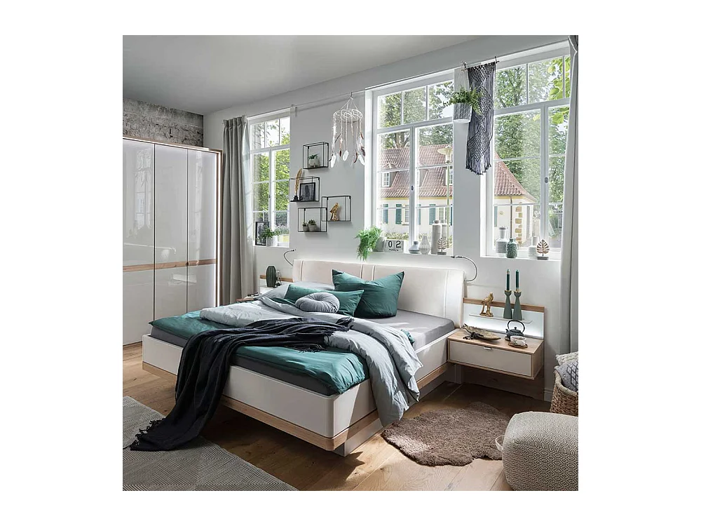 Doppelbett und Nachttische in Beige und Eiche Bianco LED Beleuchtung (dreiteilig)