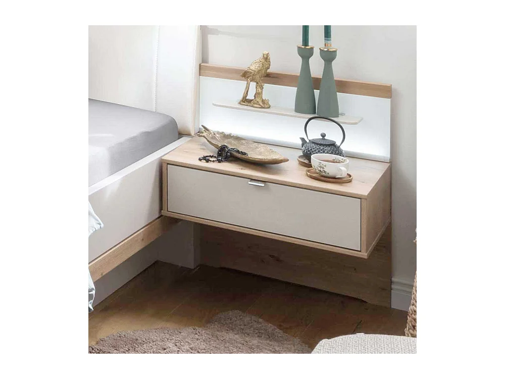 Doppelbett und Nachttische in Beige und Eiche Bianco LED Beleuchtung (dreiteilig)
