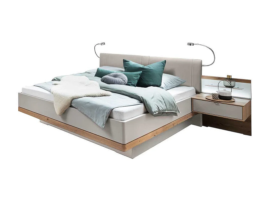 Doppelbett und Nachttische in Beige und Eiche Bianco LED Beleuchtung (dreiteilig)