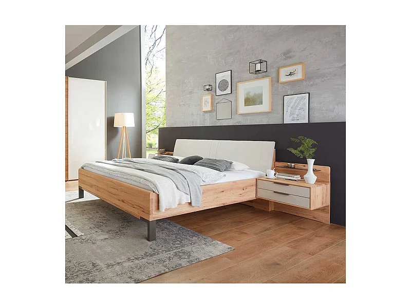 Bettgestell aus Kernbuche Massivholz Kunstleder in Beige (dreiteilig)